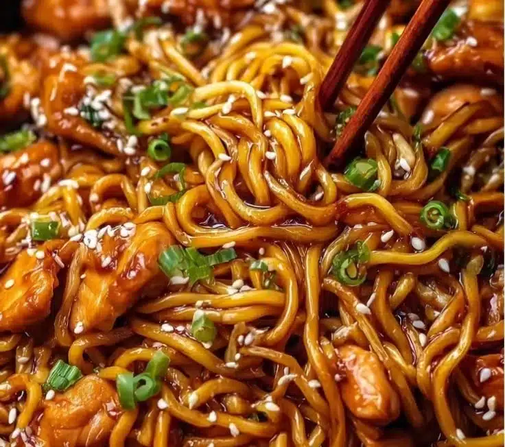 Plate of sticky garlic chicken noodles garnished with green onions