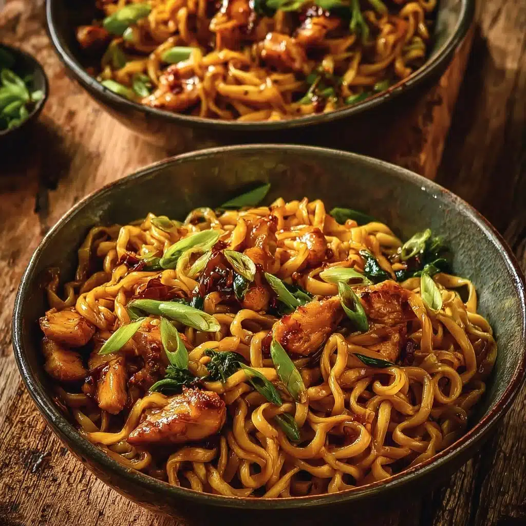 Delicious sticky garlic chicken noodles served in a bowl.