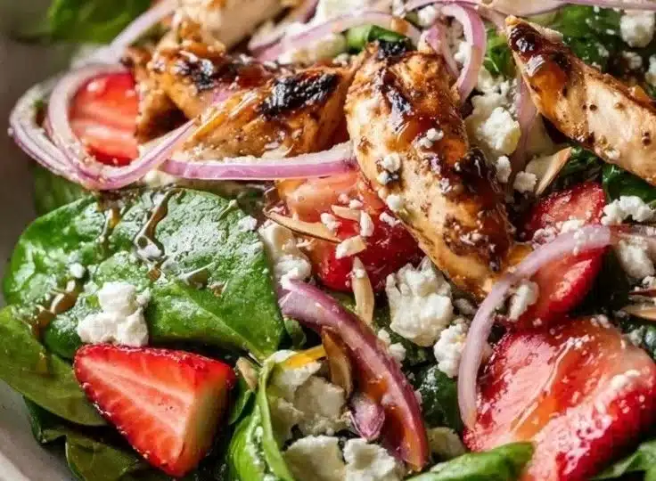 A vibrant Strawberry Chicken Spinach Salad with fresh ingredients on a plate