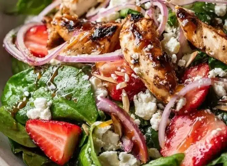 Strawberry Chicken Salad with spinach, served in a bowl with vibrant colors.