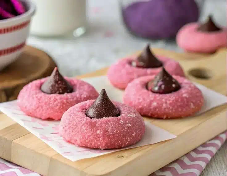 Delicious strawberry kiss cookies decorated with Hershey's kisses.