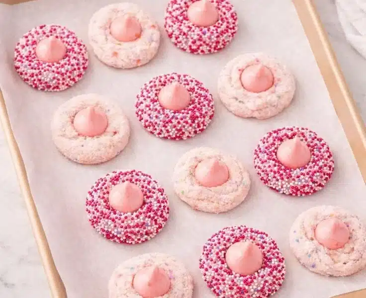 Soft and delicious Strawberry Kiss Cookies decorated for Valentine's Day