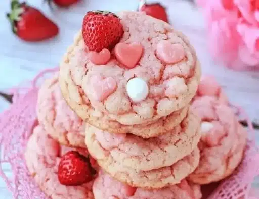 Fresh strawberry milkshake cookies served on a plate with colorful sprinkles.