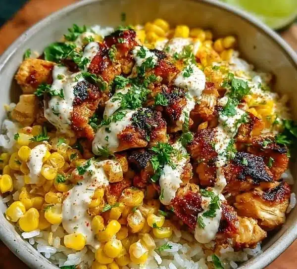 Delicious Street Corn Chicken Rice Bowl with grilled chicken and fresh toppings
