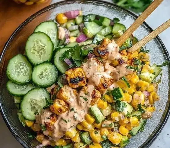 Creamy cucumber chicken salad with street corn, served in a bowl.