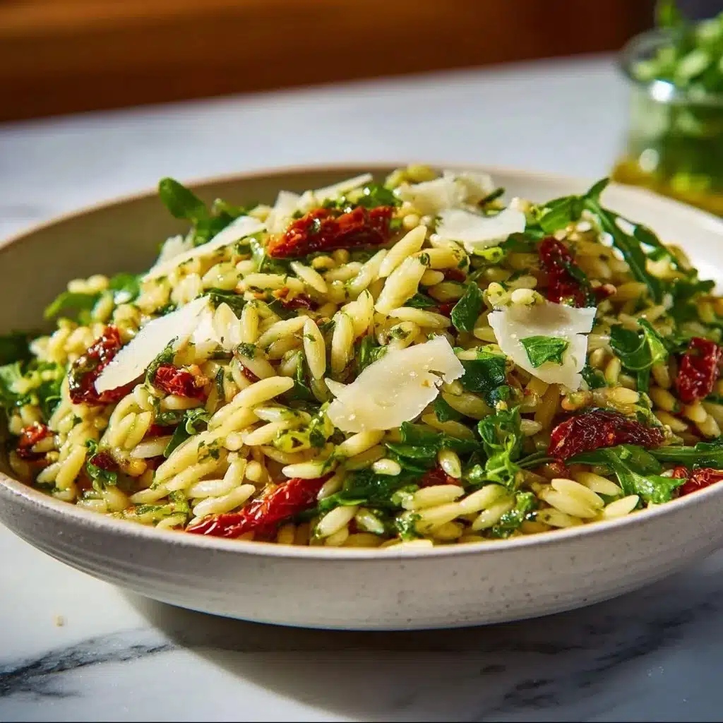 Delicious Sun Dried Tomato Orzo Pesto Salad with fresh herbs and ingredients.