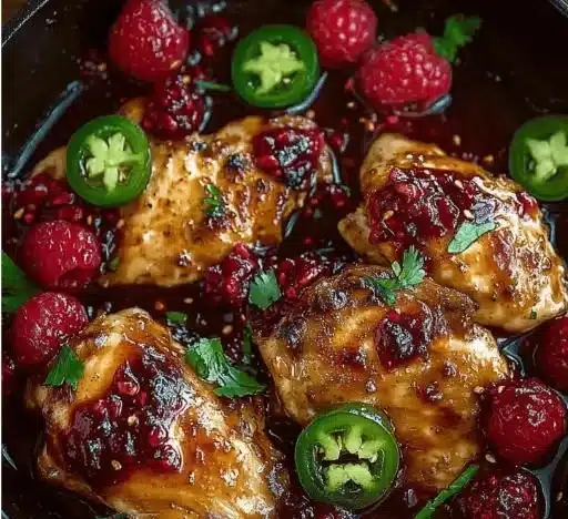 Sweet and Spicy Jalapeno Raspberry Chicken dish served on a plate