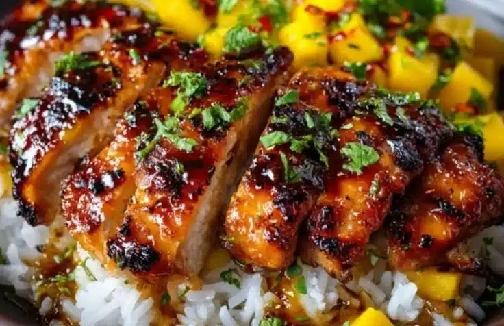 Delicious mango glazed chicken twists served on a plate with garnishes