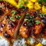 Mango glazed chicken with Asian spices and garnishes on a plate