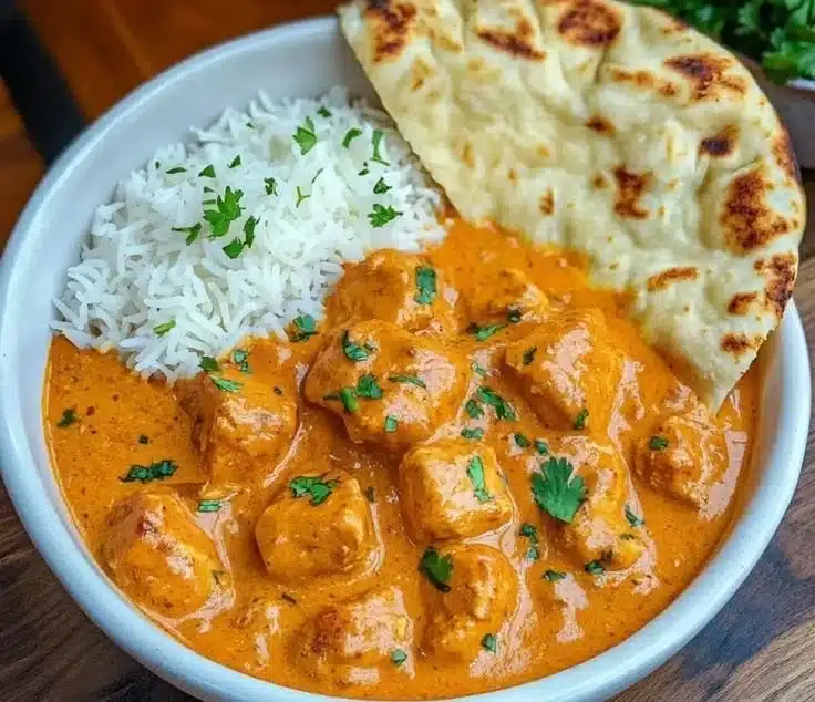 Delicious plate of butter chicken served with rice and naan