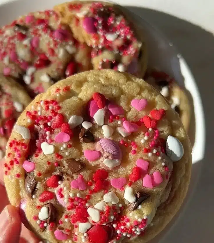 Valentine's Day M&M cookies decorated with red and pink candies