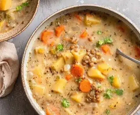 Bowl of flavorful Vegetarian Lentil Soup garnished with fresh herbs