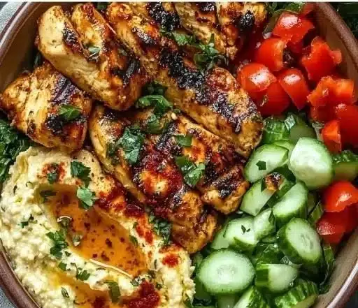 Zesty lemon chili grilled chicken bowls with fresh cucumber salad