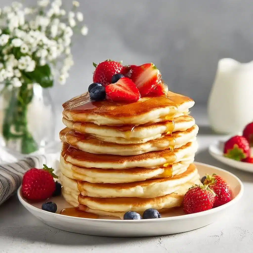 Fluffy American-style pancakes stacked on a plate with syrup and berries