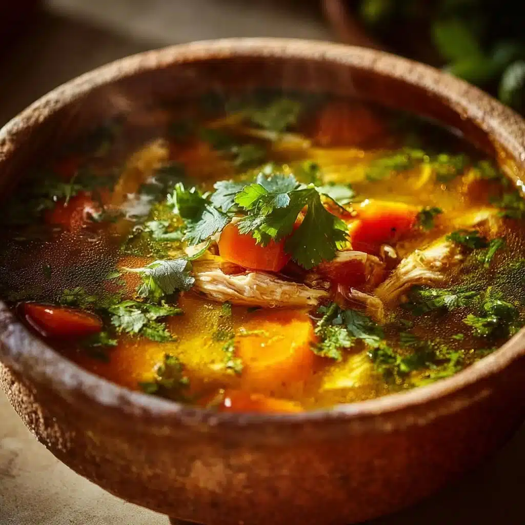 Bowl of anti-inflammatory chicken soup filled with vegetables and herbs