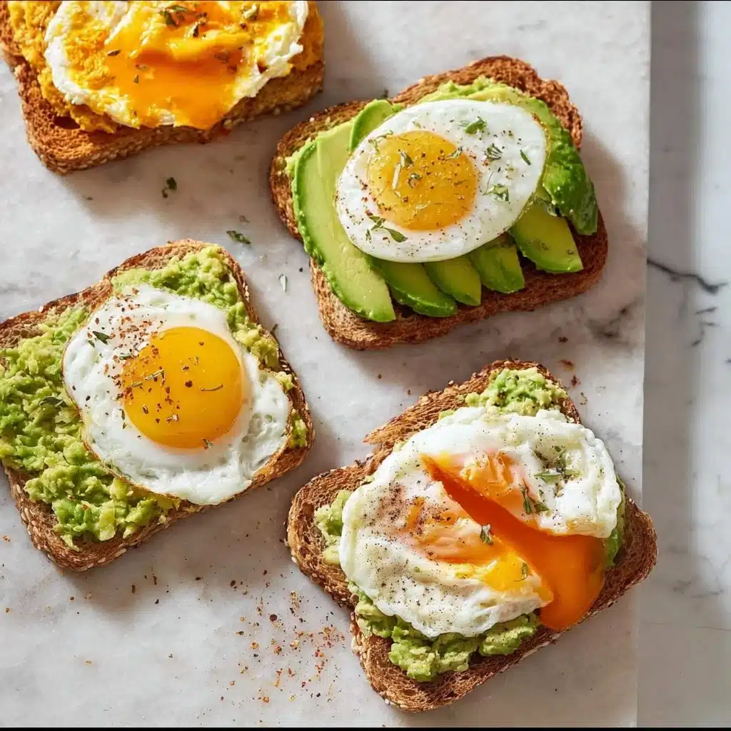 Avocado toast topped with egg prepared in four different styles.