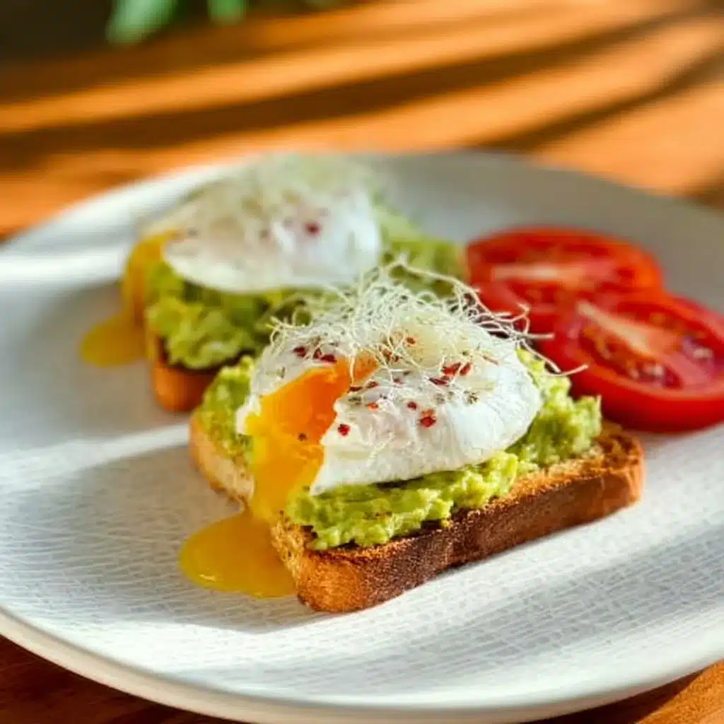 Avocado toast topped with a fried egg, served on a rustic plate
