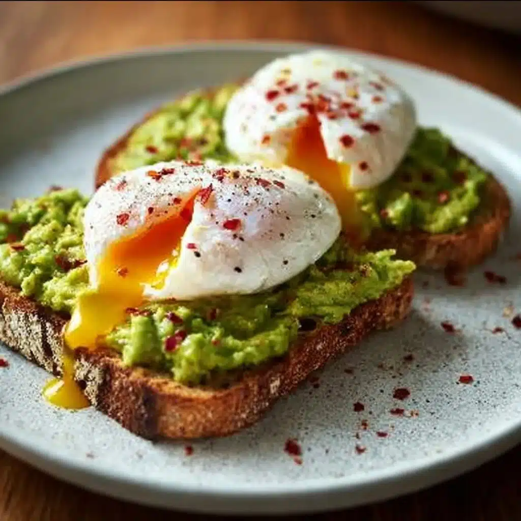 Avocado toast topped with a perfectly poached egg on a plate