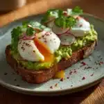 Avocado toast topped with perfectly poached eggs for a healthy breakfast.