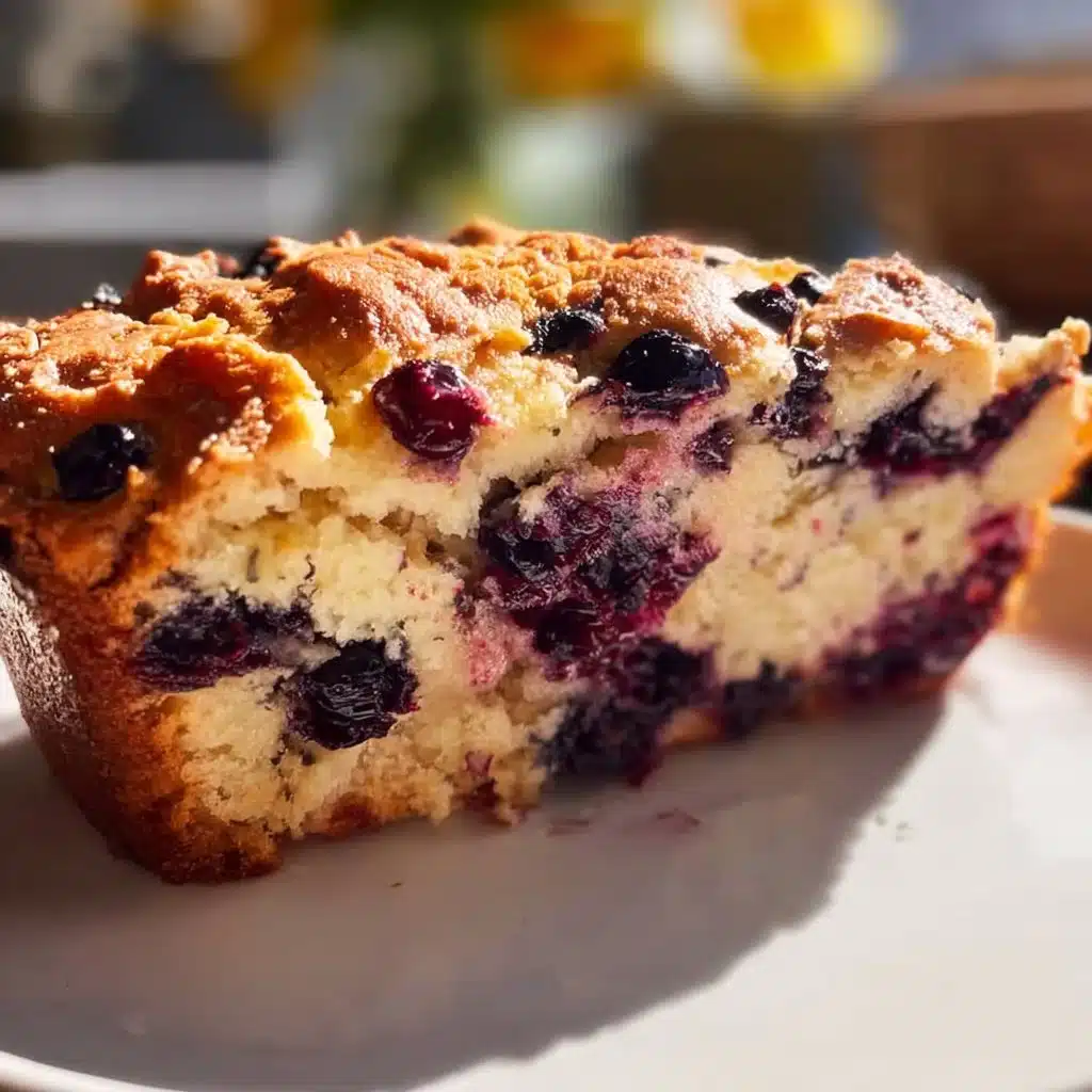 Blueberry and lemon loaf baked to golden perfection, garnished with fresh blueberries.
