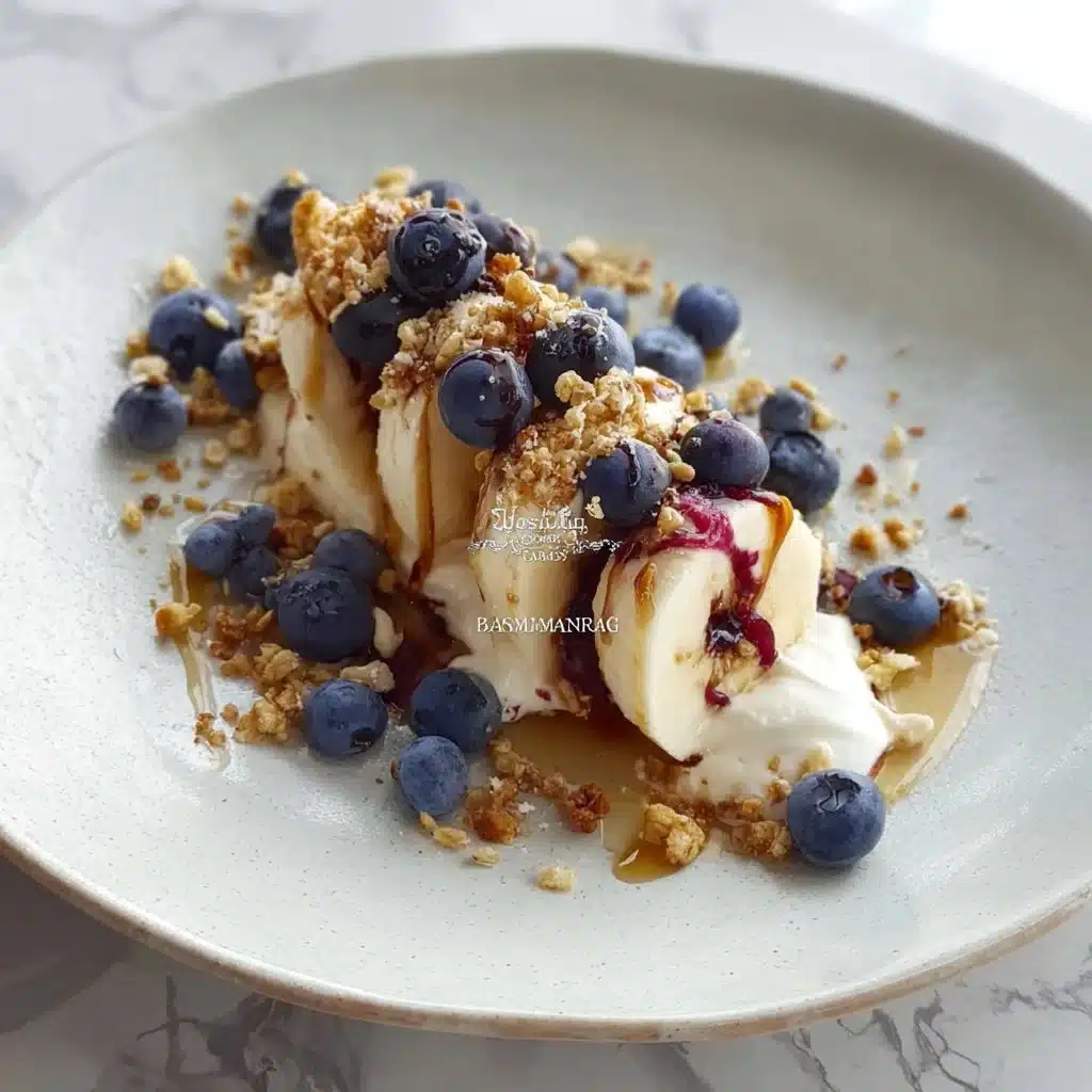 Blueberry crumble banana split topped with ice cream and fresh blueberries