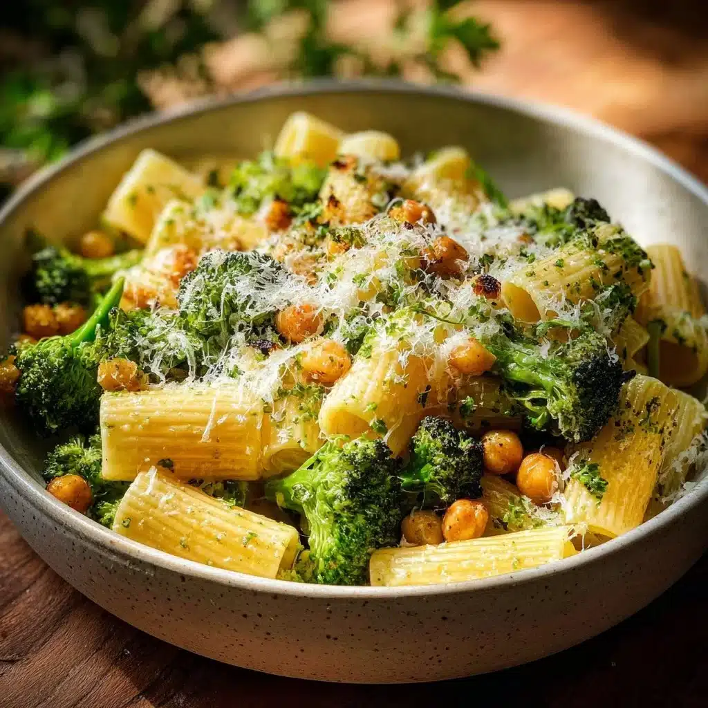 A vibrant plate of Broccoli Chickpea Pasta garnished with fresh herbs.