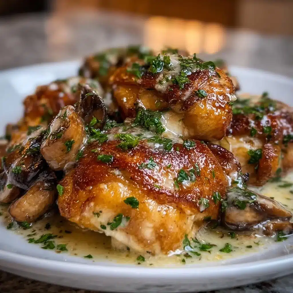 Cheesy garlic butter mushroom stuffed chicken on a plate with herbs
