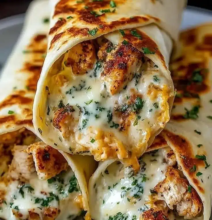 Delicious cheesy garlic chicken wraps ready to be enjoyed for a quick meal.