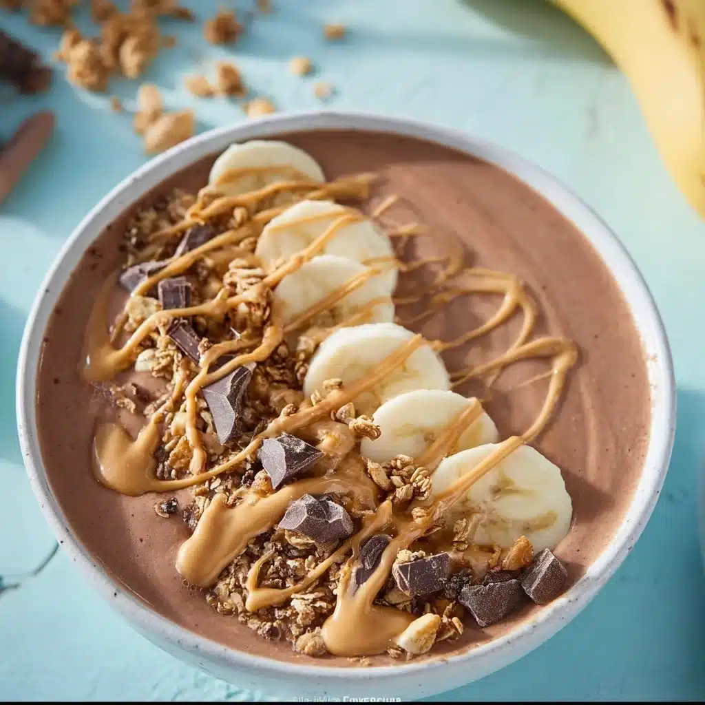 Delicious Chocolate Peanut Butter Smoothie Bowl topped with fruits and nuts