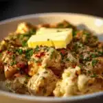 Cowboy Butter Lemon Bowtie Chicken served with broccoli for a delicious meal