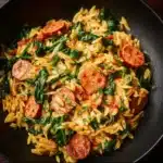 Creamy chicken sausage orzo skillet dish served in a frying pan