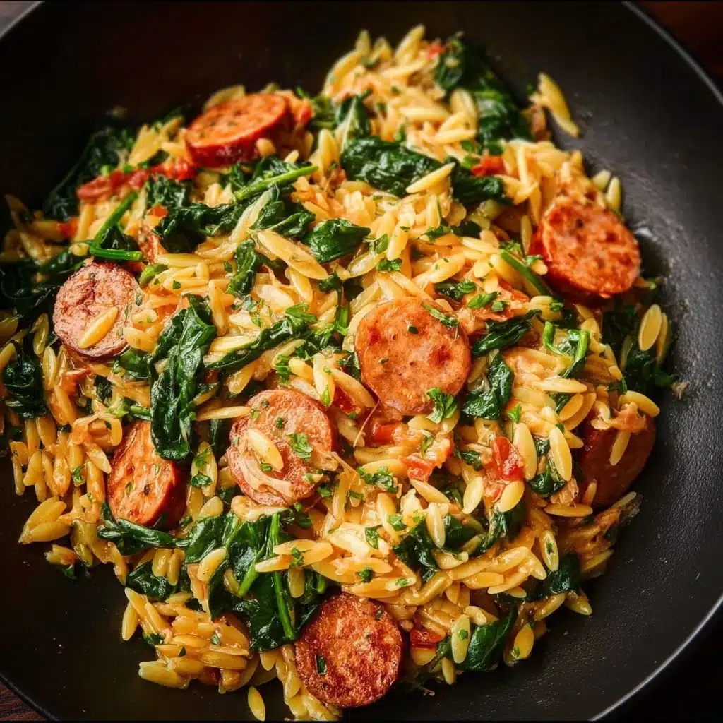 Creamy chicken sausage orzo skillet dish served in a frying pan