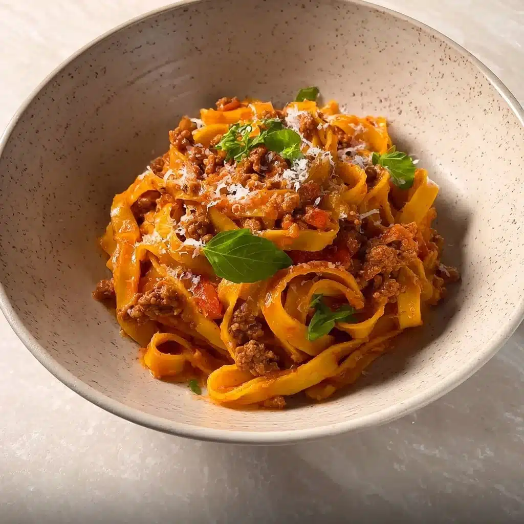 Delicious creamy Fettuccine Bolognese served in a bowl with fresh herbs
