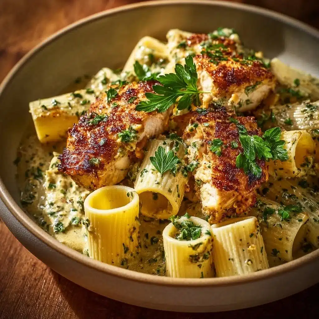 Creamy pesto chicken pasta bake with grilled chicken and fresh basil