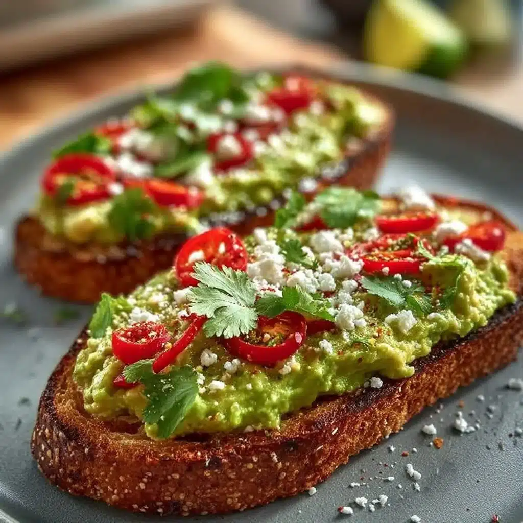 Creamy spicy avocado toast topped with chili flakes and herbs