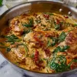 Creamy Tuscan chicken served with spinach and sun-dried tomatoes.