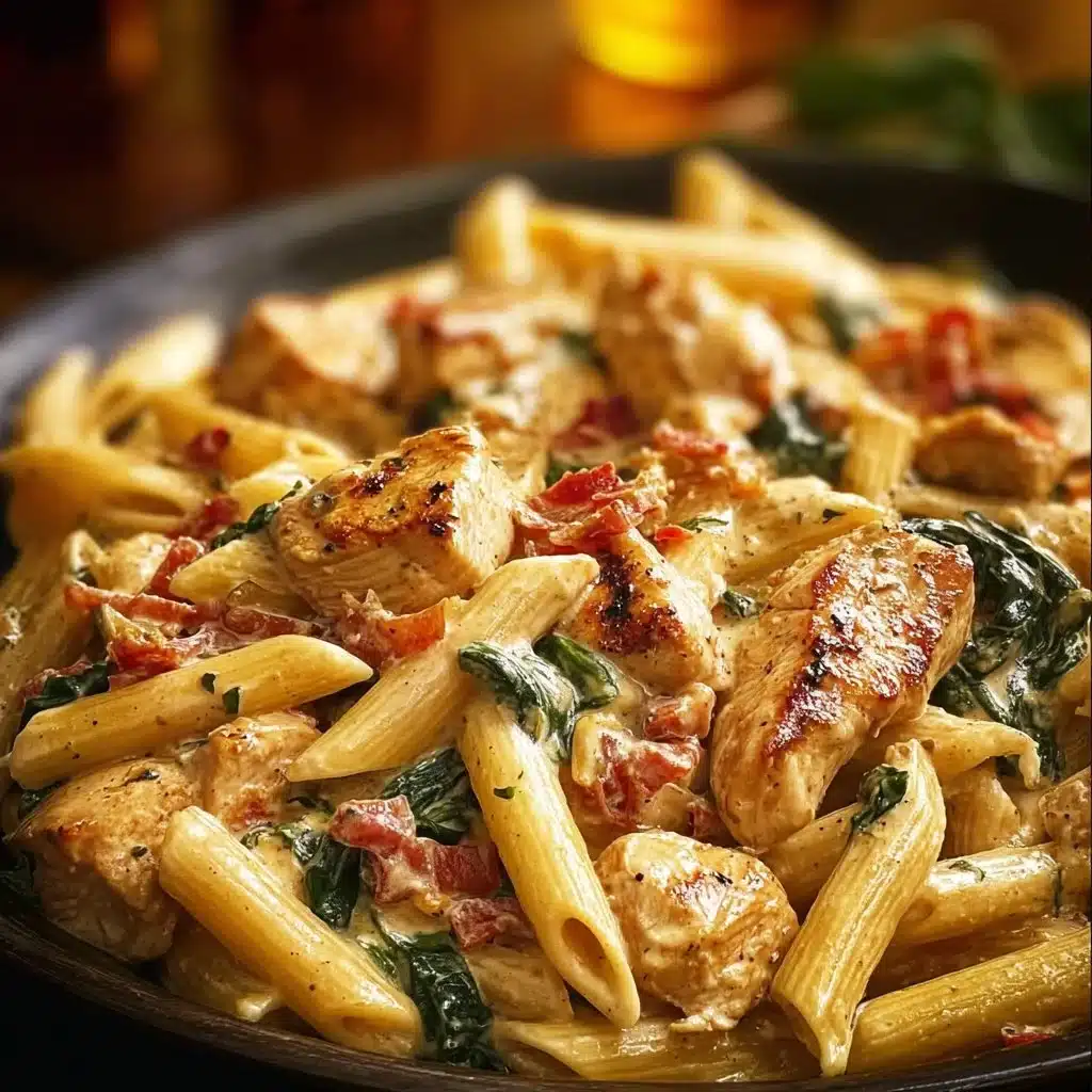 Bowl of creamy Tuscan chicken pasta topped with fresh herbs and grated cheese.