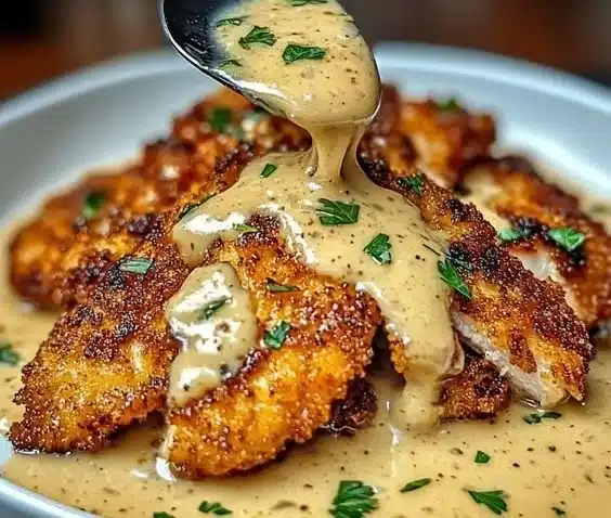 Crispy Parmesan Chicken with a Rich Garlic Sauce - Easy Dinner Idea