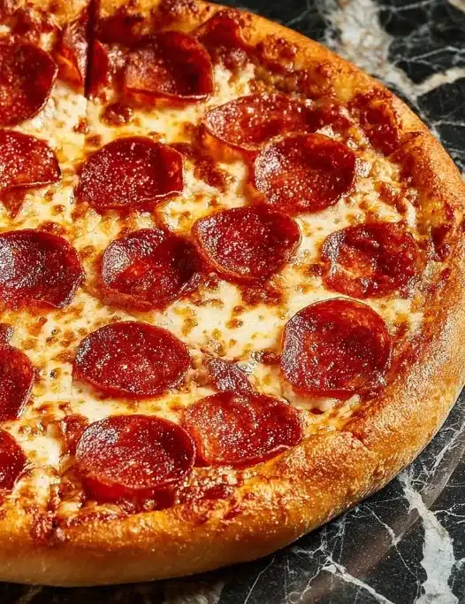 Delicious pepperoni pizza topped with melted cheese and spicy pepperoni slices