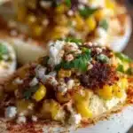 Deviled eggs with a Mexican twist, garnished and ready to serve.