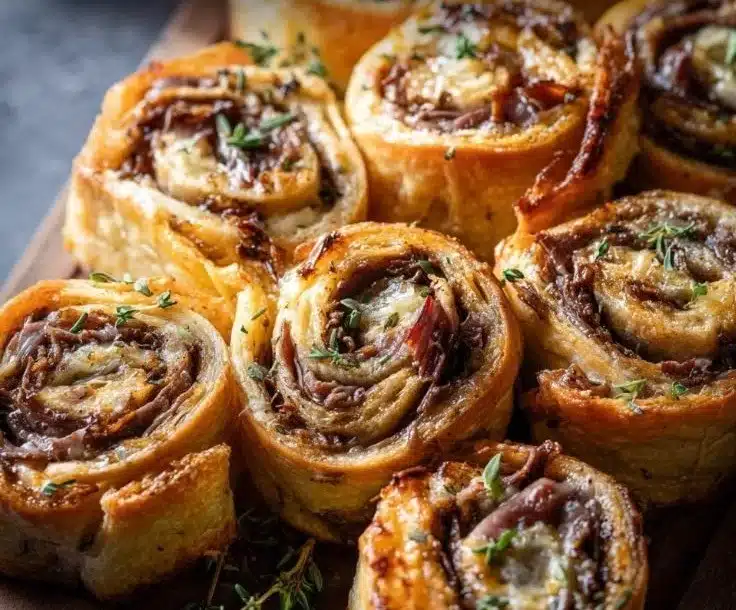 Delicious Easy French Dip Pinwheels served on a platter
