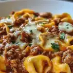 Easy one pan beefy tortellini bake with ground beef and cheese