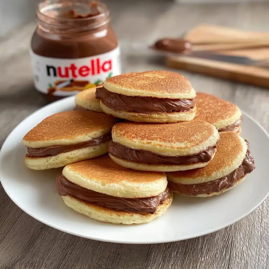 Nutella pancake sandwiches with fluffy mini pancakes and rich Nutella filling.