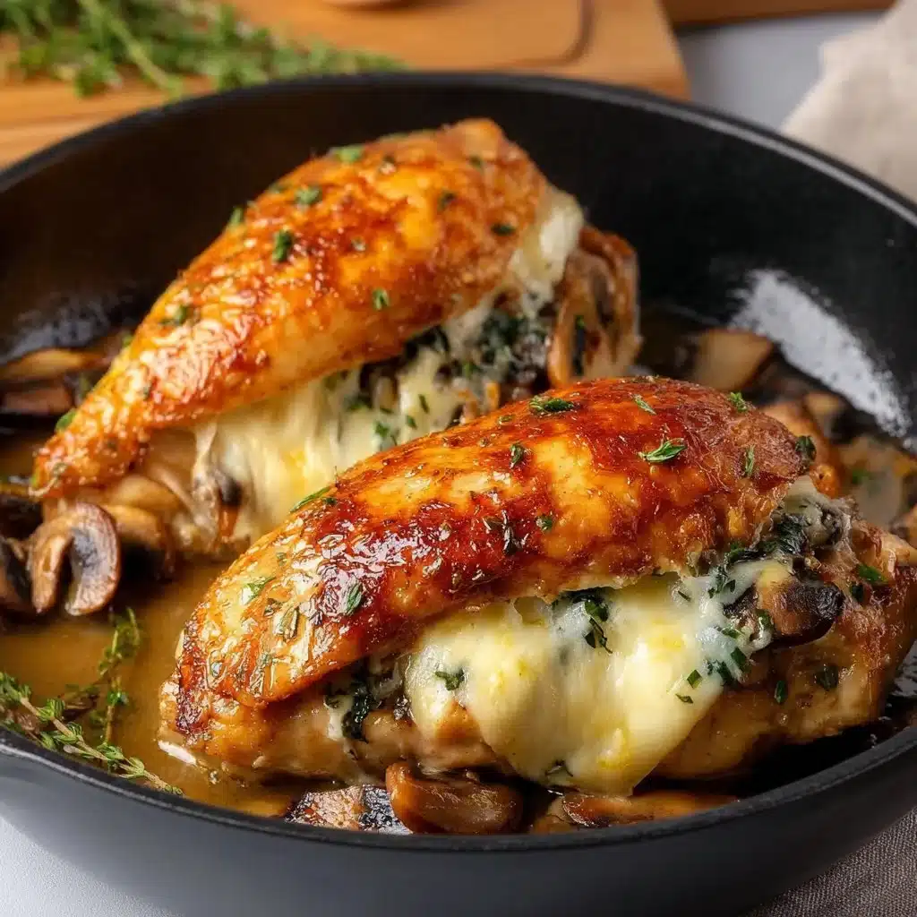 Delicious mushroom stuffed chicken breast with herbs and spices.