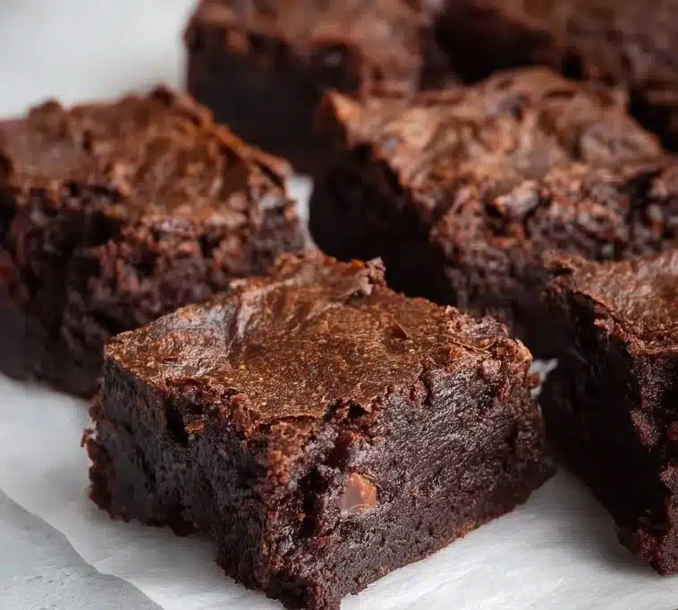 Decadent flourless brownies served on a plate, showcasing their rich texture.