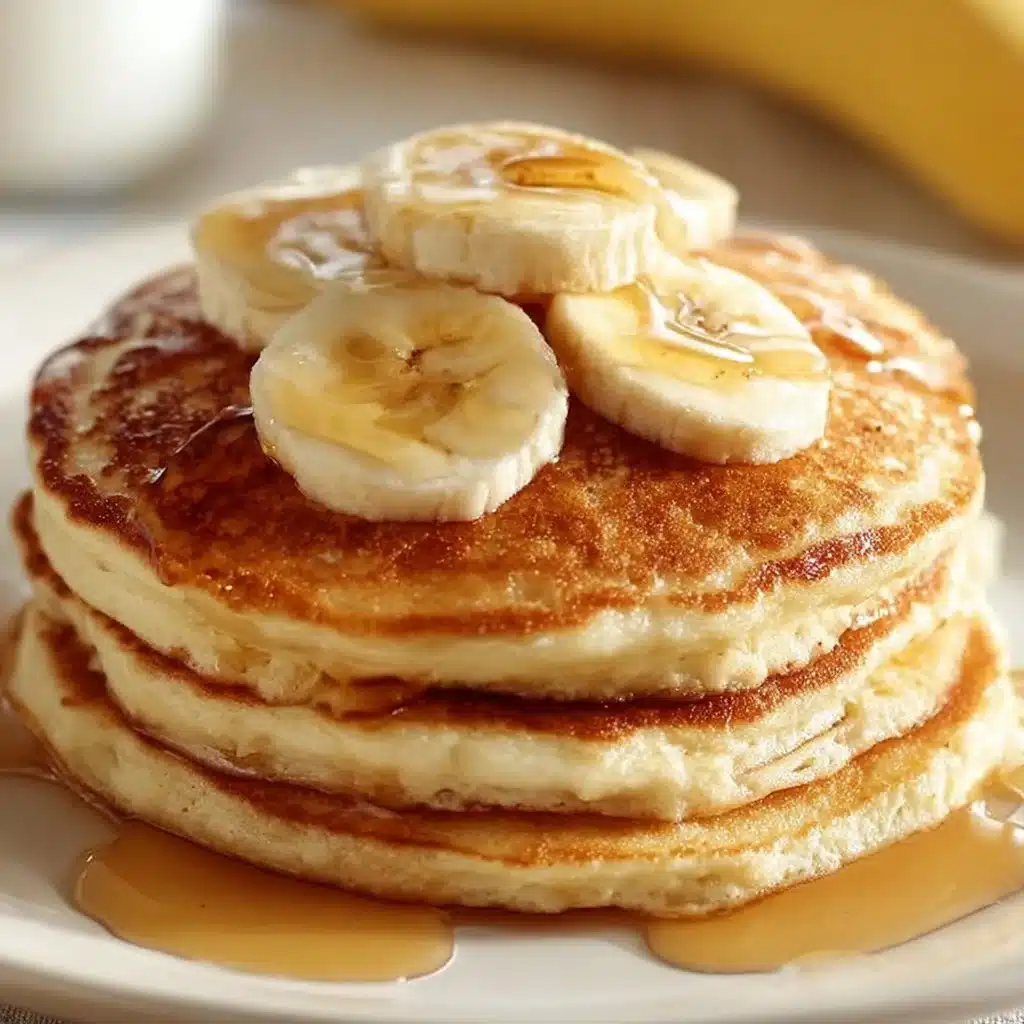 Fluffy banana cinnamon yogurt pancakes on a plate with syrup and fruit.