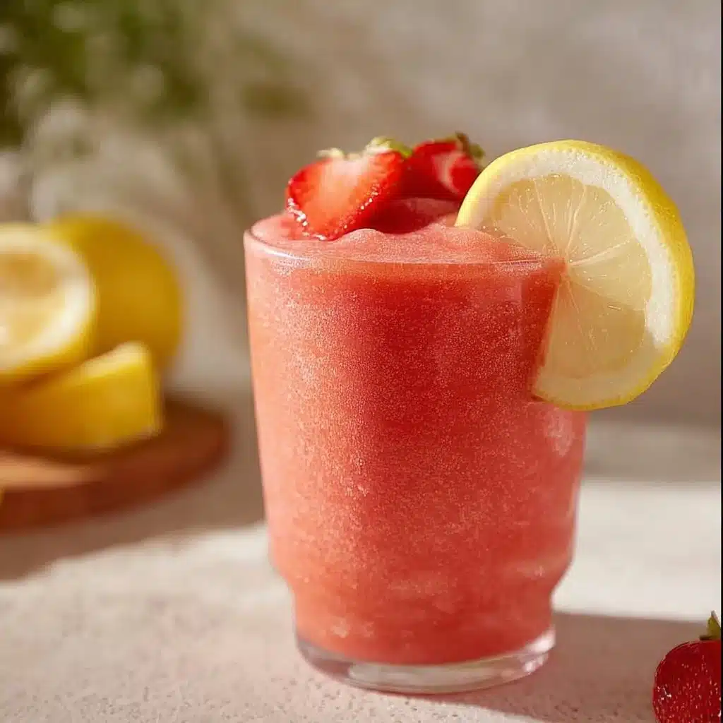 Refreshing frozen strawberry lemonade served in a glass with ice and strawberries