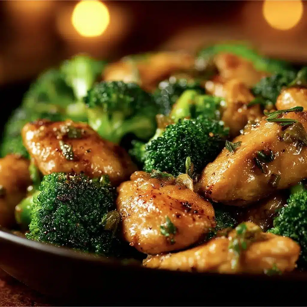 Plate of Garlic Chicken with Broccoli and Spinach served on a wooden table