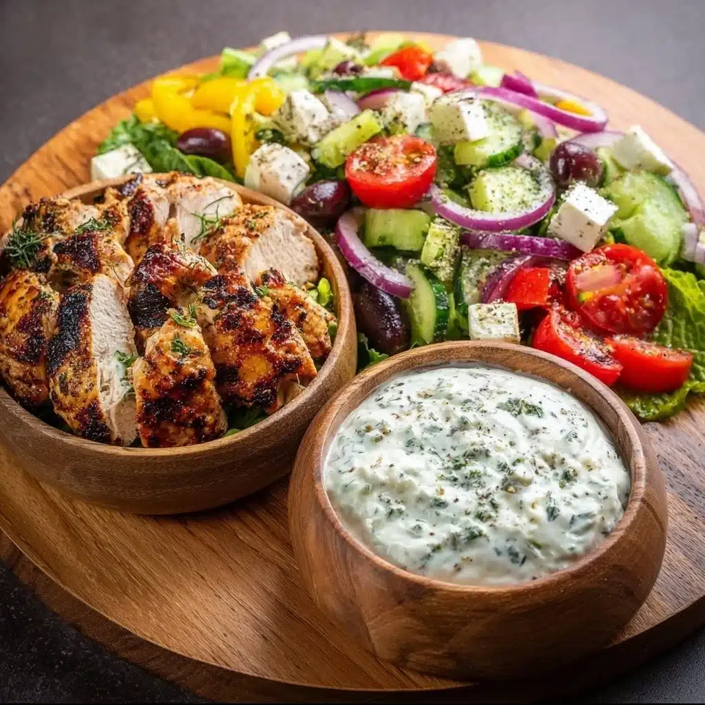 Delicious Greek chicken bowls with fresh veggies and herbs