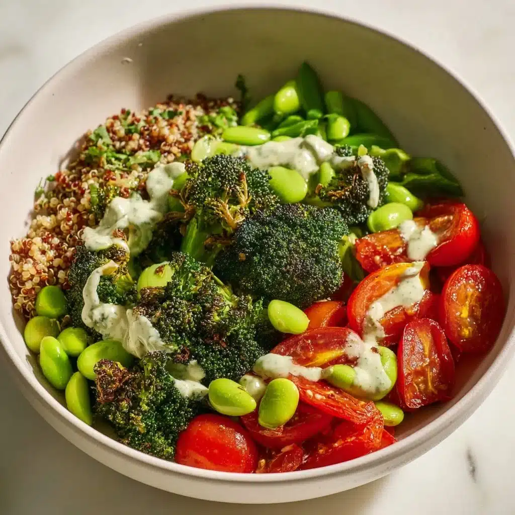 Green Goddess Buddha Bowl topped with fresh veggies and herbs